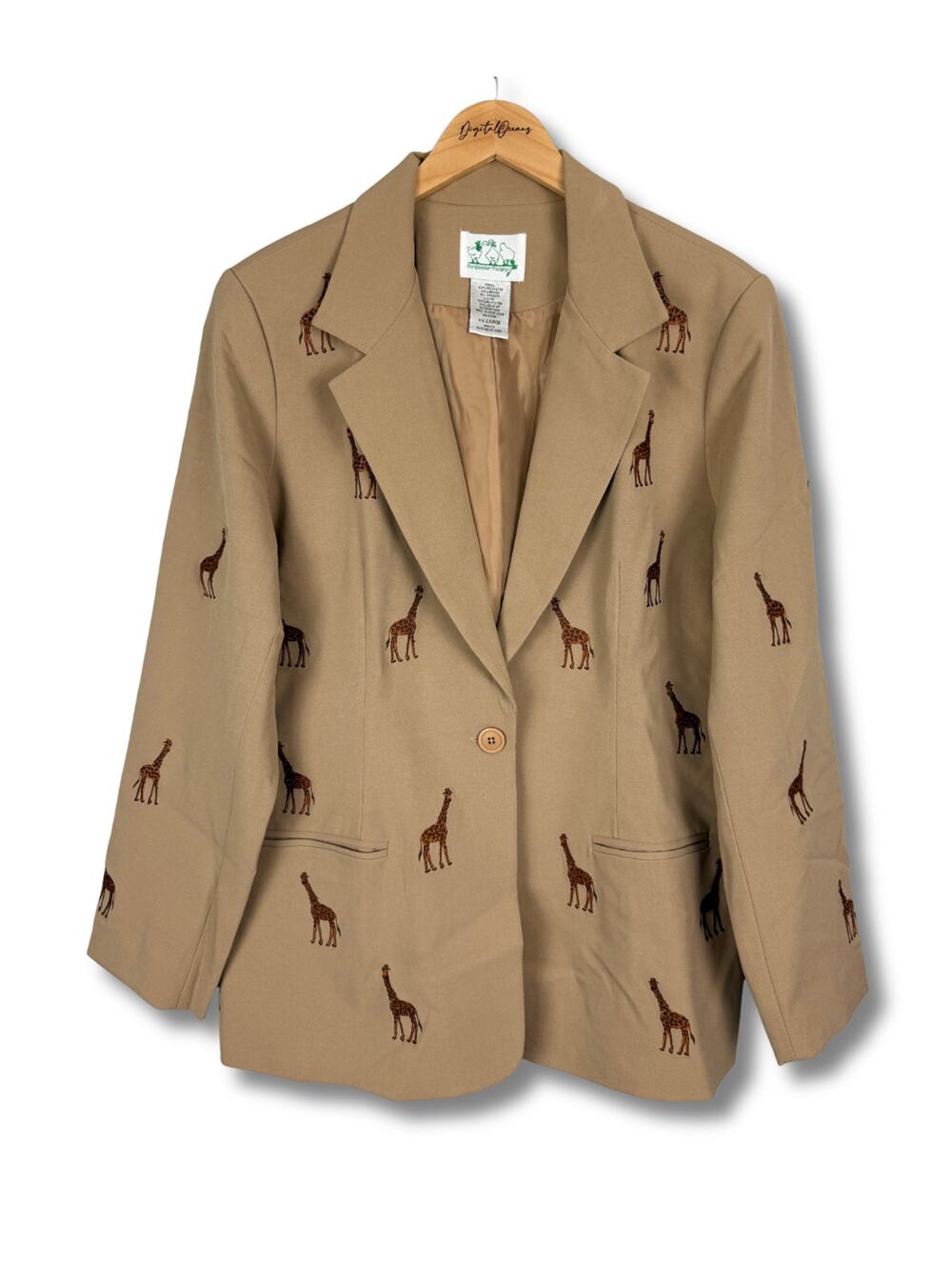 Embroidered Giraffe Blazer Beige Tan Large EUC Dopamine Quirky Fun Novelty Zoo